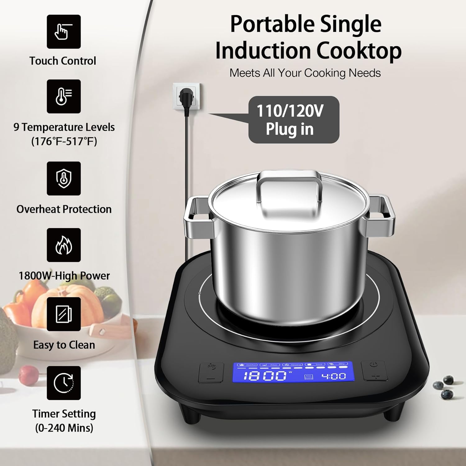 Single Induction Cooktop 1800W Electric with LCD Touch Control, 9 Temp Levels & Timer for Kitchen Dorm RV