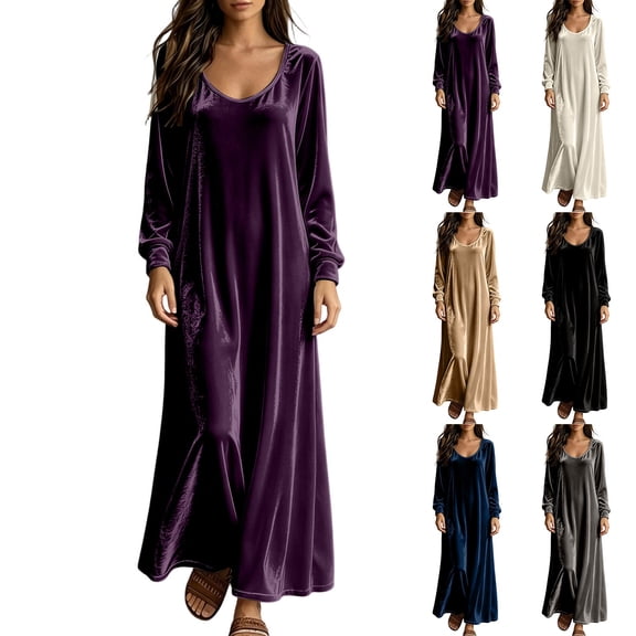 Women Fall Winter Velvet Round Neck Maxi Dress Long Sleeve Loose Solid Chic Elegant Casual Everyday Purple XL(XL)