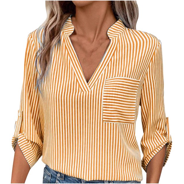 Bowake Chemise à Manches 3/4 pour Femmes Col en V Tunique Ample Rayée Blouse de Travail Basique Décontractée Jaune