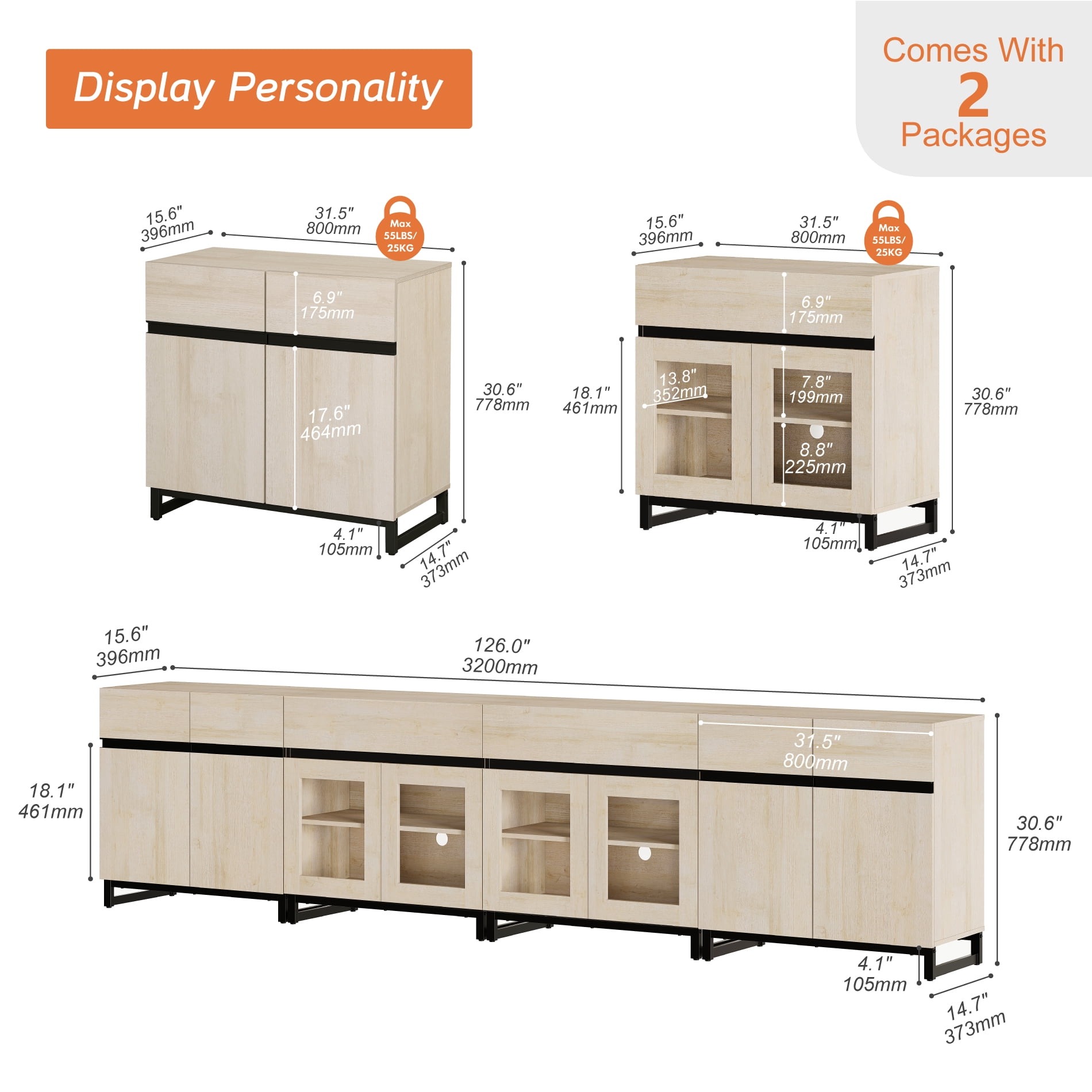 Modern 4-in-1 Chest Of Drawers, Bedroom Storage Dresser with Glass Doors, 2 Drawers, Adjustable Shelf and Sturdy Metal Base for Home,Beige