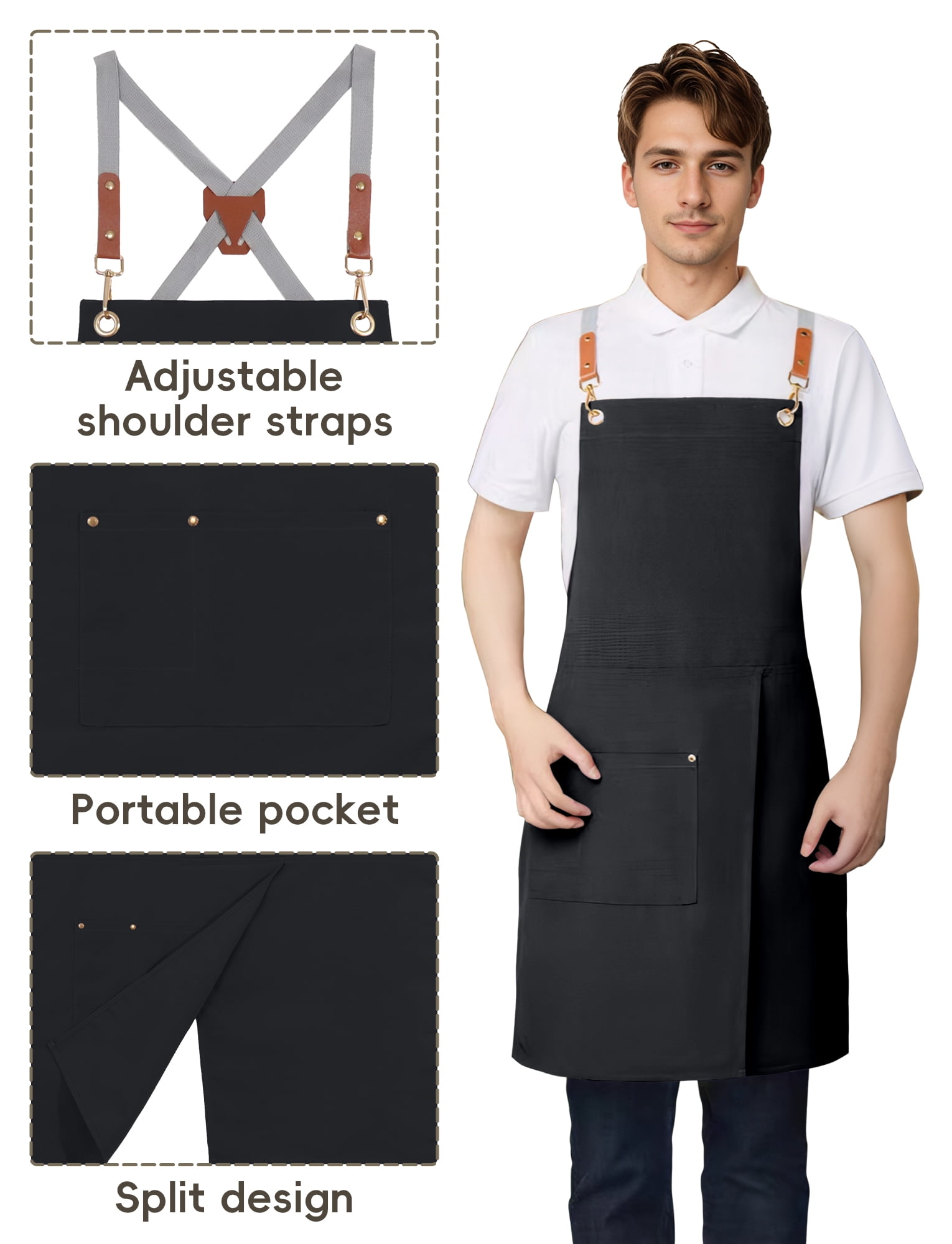 HonorHut Canvas Chef Apron Split Leg Apron with Multi Pocket Cross Back Adjustable Strap Work Apron for Kitchen Cooking Baking Grilling Black