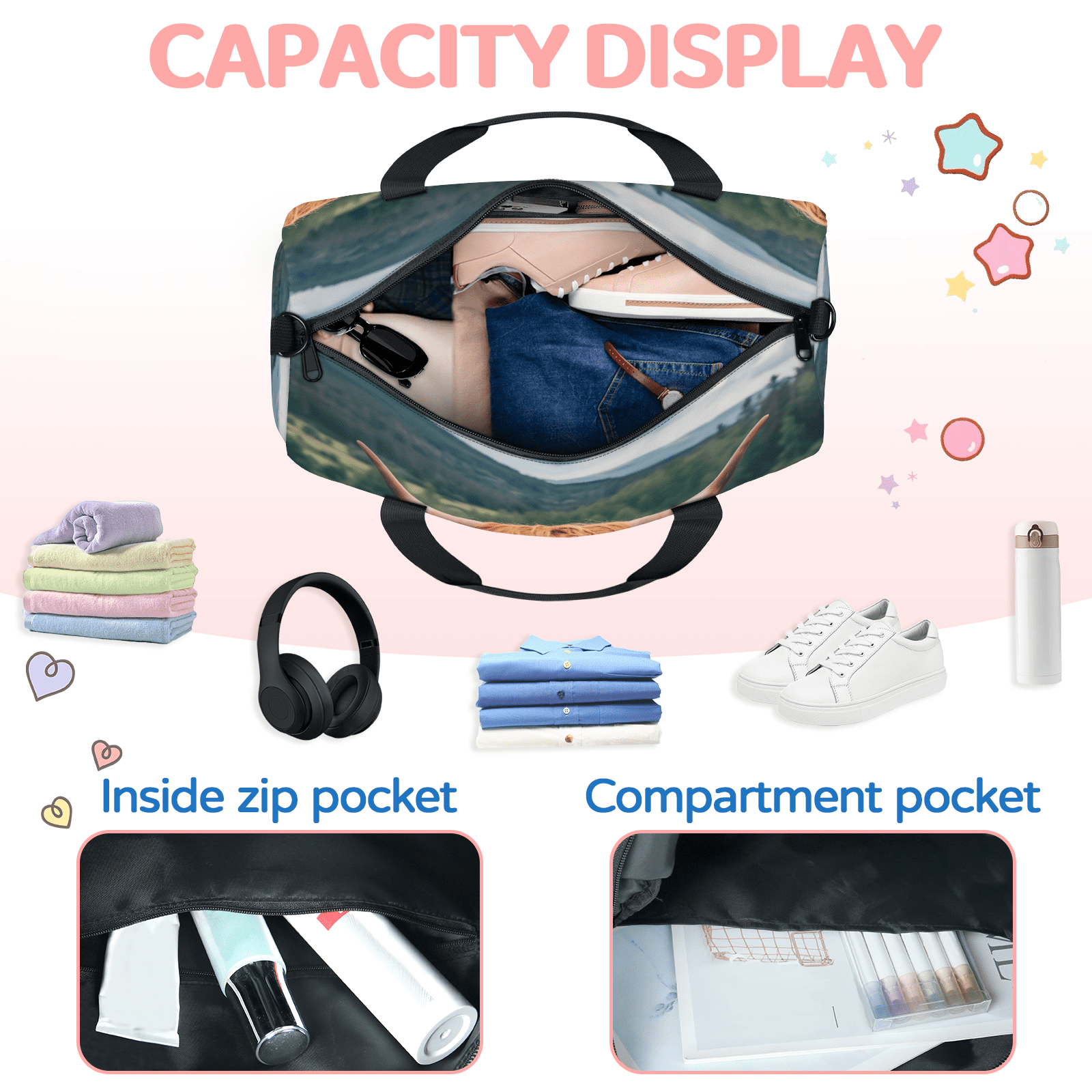 Herdesigns Highland Cow Spring Floral Gym Bag for Women, Duffle Bag for Travel Sport, Lightweight Waterproof Carry on Weekender Overnight Dance Yoga Workout Bags