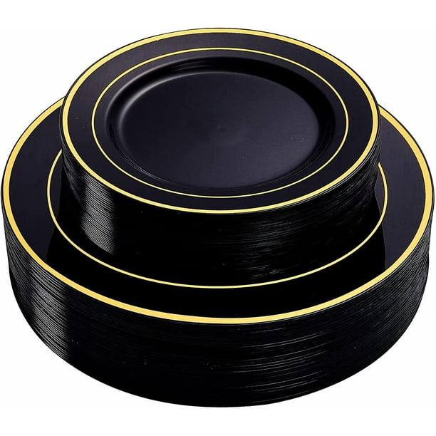 Paquete de 72 platos de plástico negro con borde dorado, platos desechables que incluyen 36 platos de cena 10,25, 36 platos desechables de postre/ensalada 7,5, perfectos para