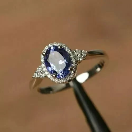 Shree Diamonds 2.20Ct Oval Cut Lab-Created Tanzanite Halo Wedding Ring, 14K White Gold Plated