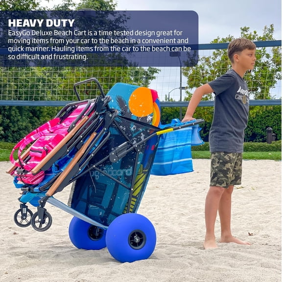 EasyGo Deluxe Beach Cart with Balloon Wheels Heavy Duty Folding Ocean Utility Holds 4 Chairs Umbrella Holder Removable Bag Blue Striped
