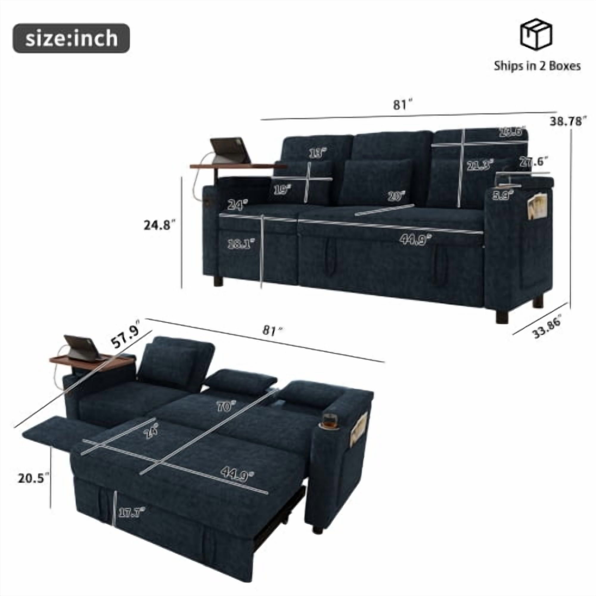 81" 3-in-1 Convertible Sofa Bed, Electric Recliner & Sleeper with Table, USB Ports, Storage Armrests, Chenille, 6 Adjustable Positions, Blue