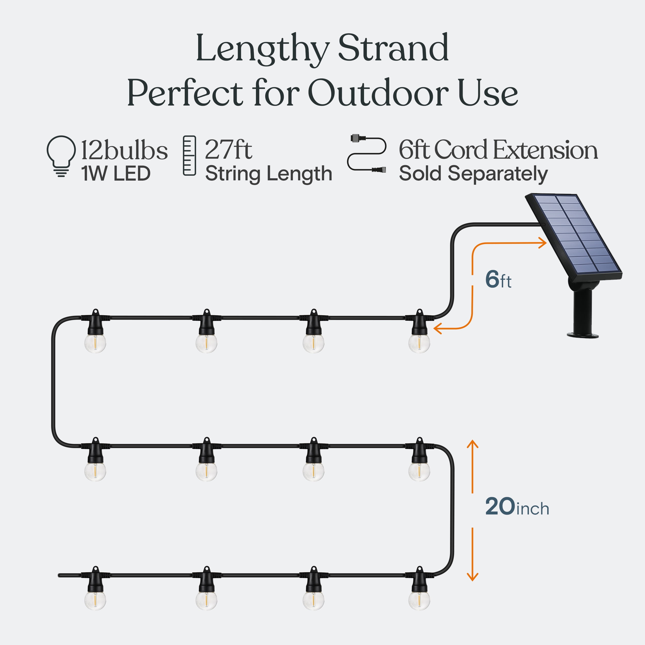 Brightech Ambience Pro Solar Powered LED Outdoor String Lights 27 ft, Waterproof Shaterproof 1W Globe Bulbs for Patio, Porch, Backyard, 3000K Neutral White