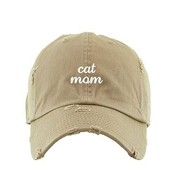 Cat Mom Vintage Baseball Cap Embroidered Cotton Adjustable Distressed Dad Hat Khaki