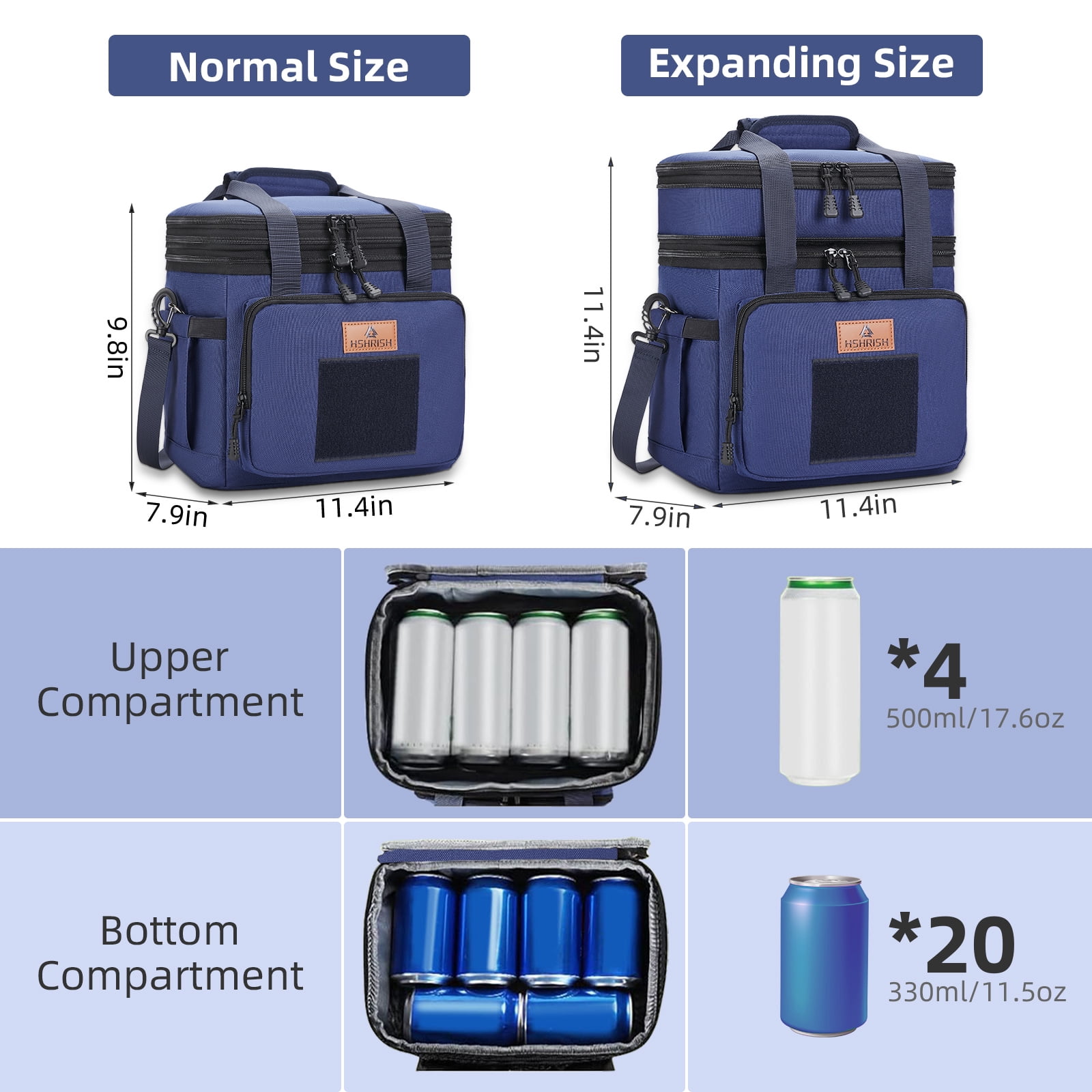 Holuxer Double Deck Tactical Lunch Bags, Large Expandable Insulated Lunch Box, Durable Waterproof Leakproof Cooler Bag for Adults/Men/Women/Work Outdoor Beach Trips, 20 Cans/16 L, Blue