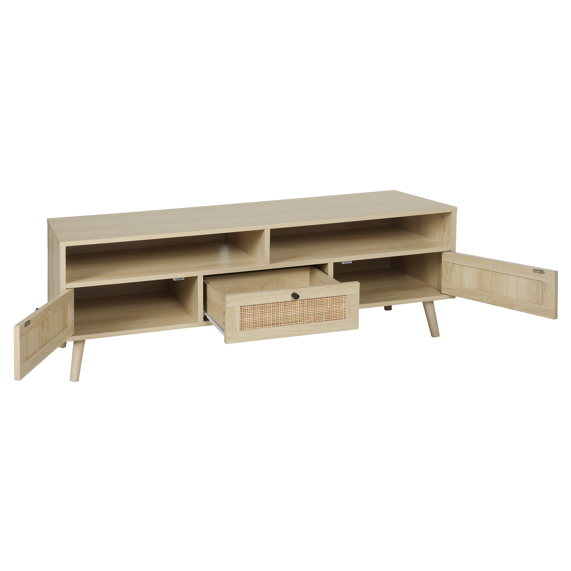Hommoo Rattan TV Stand with Solid Wood Feet, TV Storage Shelf Cabinet, Modern TV Console Table for Home and Office, Natural