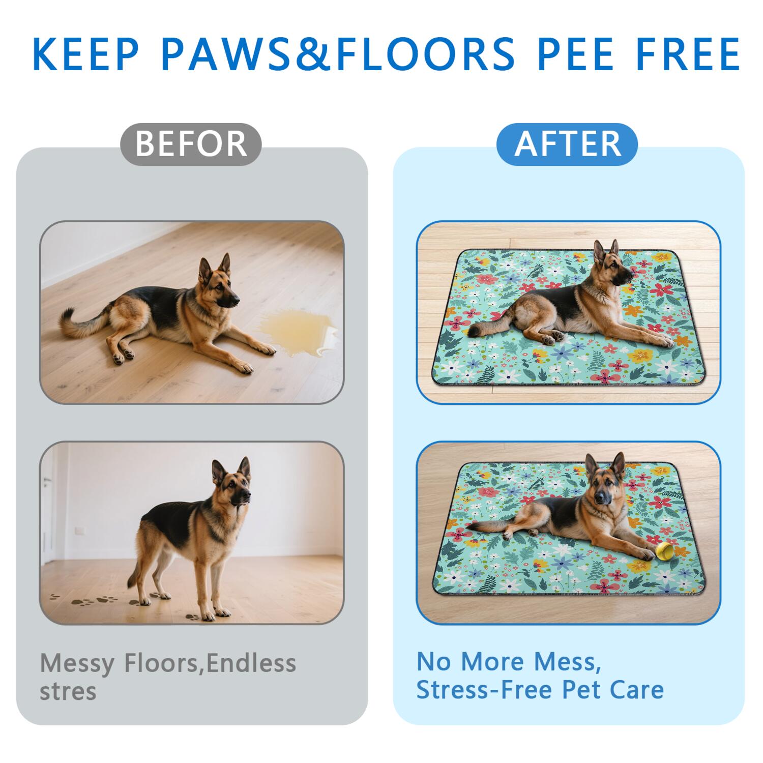 2-Pack Floral Washable Pet Training Mats, Extra Large 48x48 Inch Reusable Puppy Pads, Non-Slip Housebreaking Solution for Big Dog Crate and Floor Use