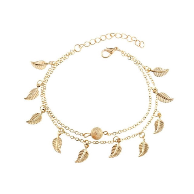 Leaf Anklets Women Double Foot Chain Ankle Bracelets Bohemian Gold Color Leaves Anklet