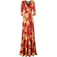 thumbnail image 1 of Bon Rosy, Women's, 3/4 Sleeve V-Neck Printed Maxi Faux Wrap Dress, Red Orange, M, 1 of 3