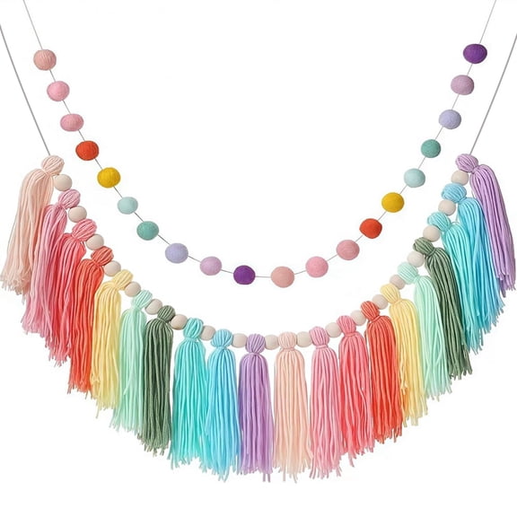 Rainbow Tassel Garland, 3 Feet Boho Wall Decor with Wood Accents and 20 Felt Balls for Bedroom
