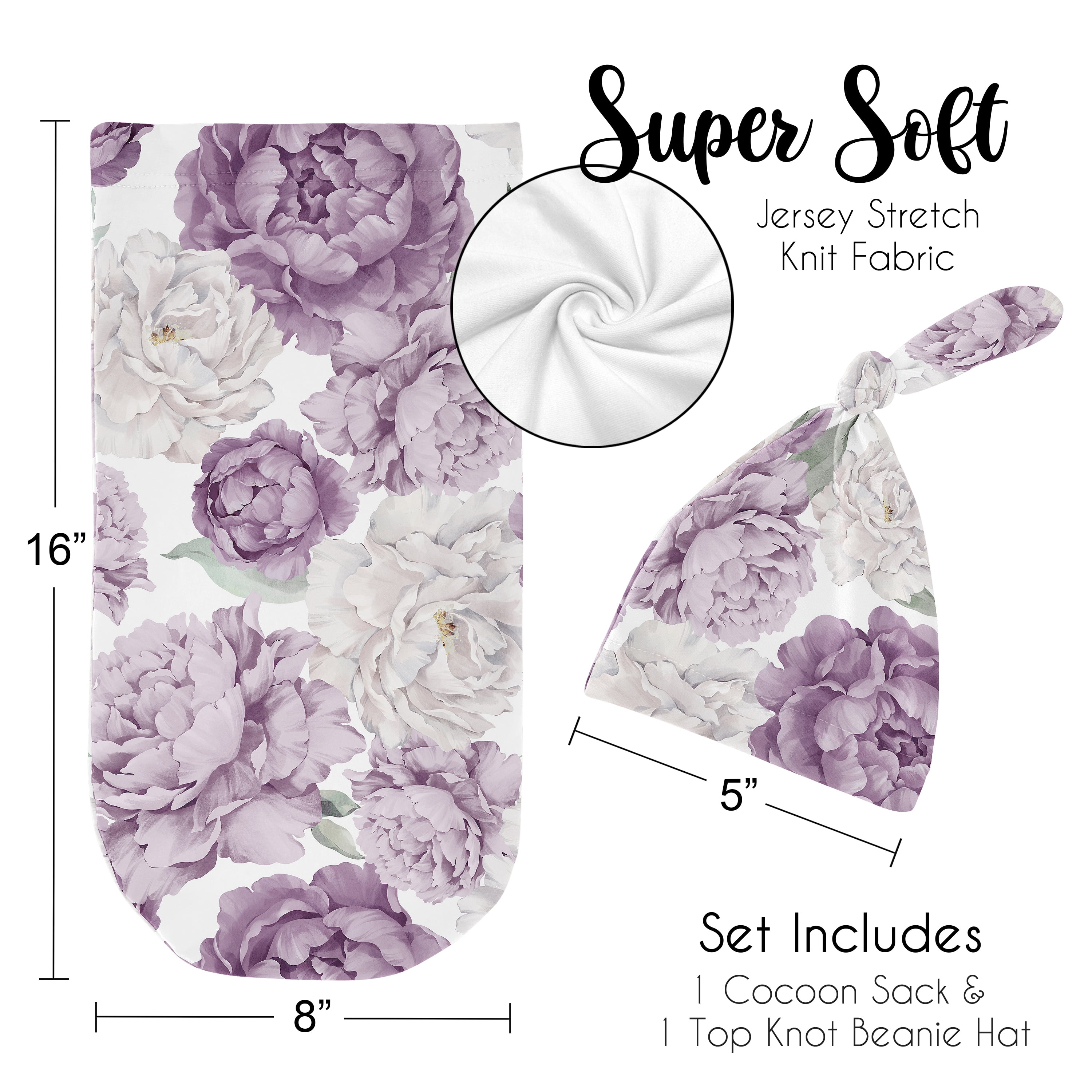 Sweet Jojo Designs Peony Floral Garden Lavender Purple and Ivory Girl Baby Cocoon and Beanie Hat Sleep Sack Set 2 Piece