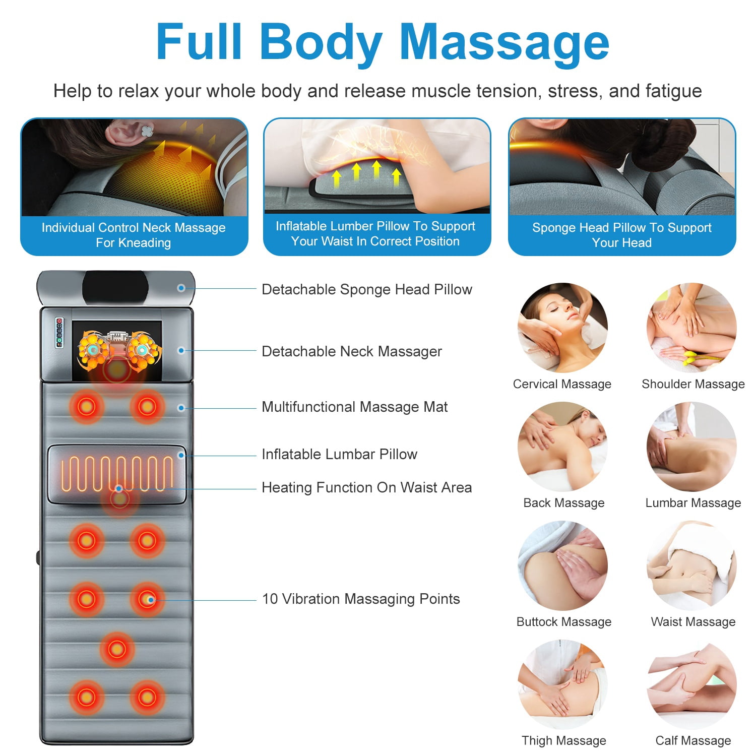 Full Body Massage Mat with Neck Kneading Massager – 10 Vibration Points, 9 Massage Modes, Heating & Inflatable Lumbar Pillow, Portable Home Spa Gift Set, Gray
