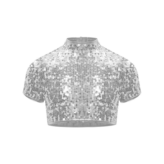 YiZYiF Kids Girls Sparkly Sequin Mock Neck Short Sleeve Dance Crop Top for Hip Hop Jazz Cheerleading Silver 14
