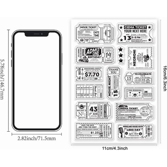 Vintage Ticket Clear Stamps 6.3x4.3 Movie Ticket Themed Silicone Stamp Note Star Rubber Transparent Stamps for Scrapbooking Card Making Photo Album Journal Decoration