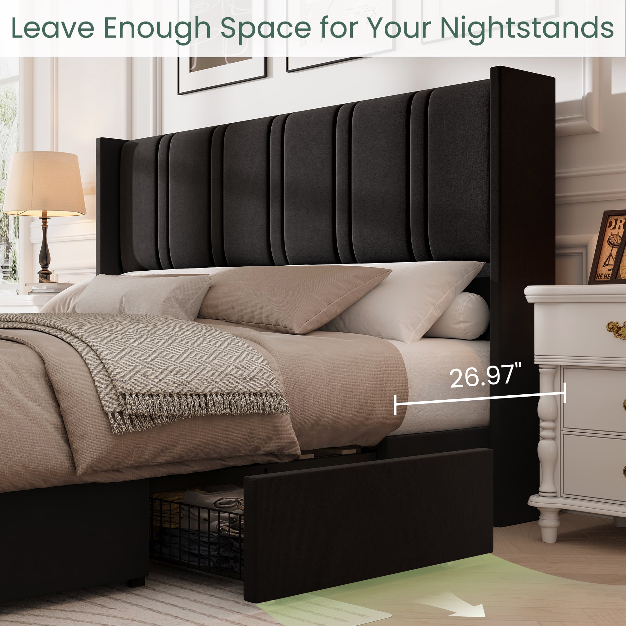 Breltam King Size Upholstered Platform Bed Frame with 4 Storage Drawers and Vertical Linen Wingback Channel Tufted Headboard