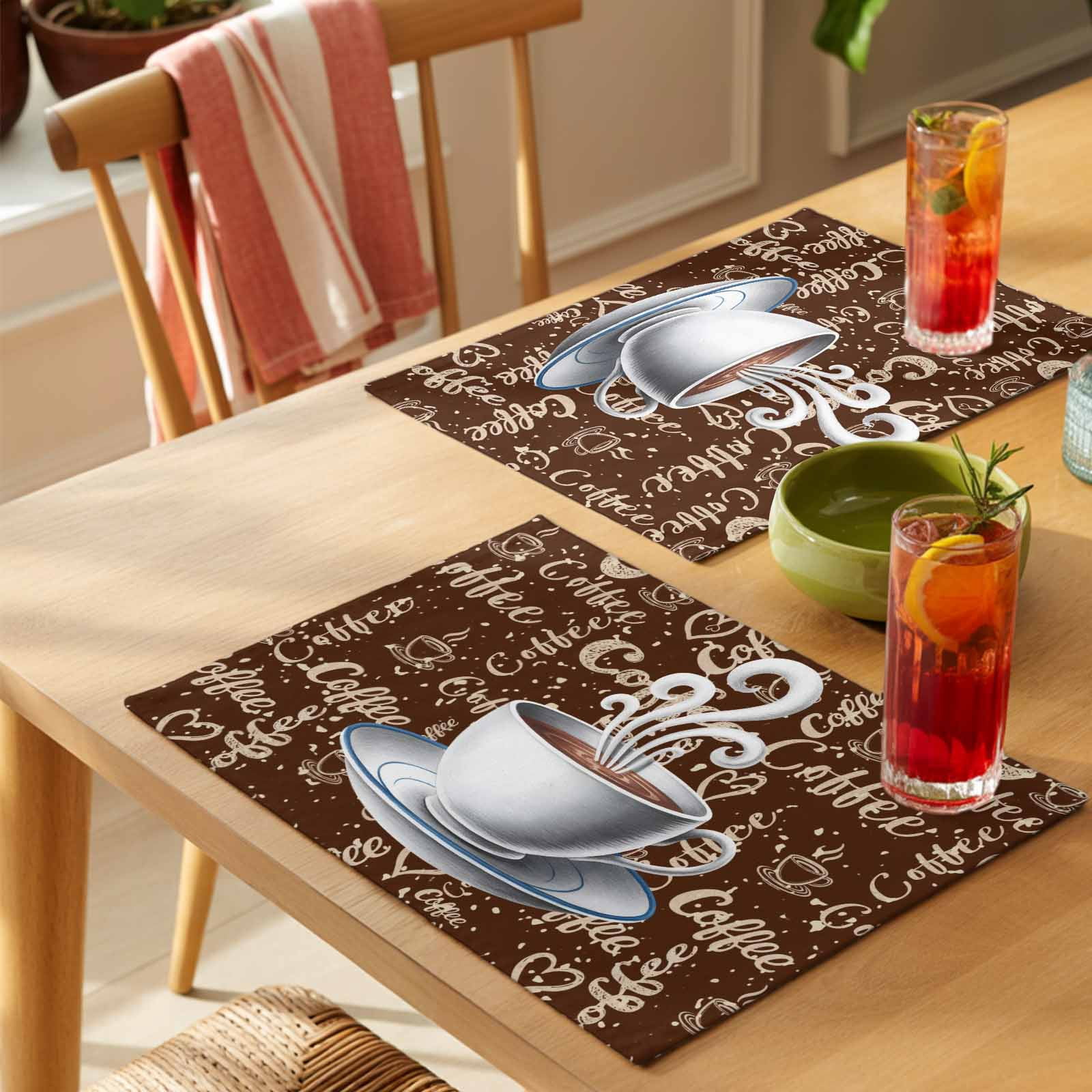 Placemat Set of 4 Coffee Theme Vintage Placemats for Dining Table Retro Country Brown Washable Table Mats for Kitchen and Party Decor Indoor & Outdoor Use