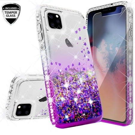 iPhone 11 (2019) Case, Liquid Glitter Floating Bling Sparkle Moving Quicksand Waterfall Girls Women Cute Protective Phone Case with Tempered Glass Screen Protector -