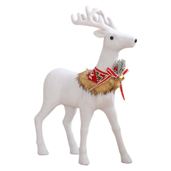 White Reindeer Figurine Flocking Standing Sitting Xmas Deer Statue with Artificial Scarf & Golden Jingle Bells Decorative Sculpture Crafts for Holiday Winter Table Centerpieces Decor Christmas Gift