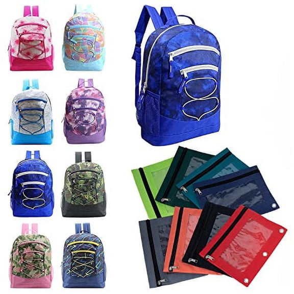 24 Value Bundle Pack - 17 Inch Wholesale Sport Backpacks in 8 Assorted Colors with Bulk Assorted Color Pencil Pouch