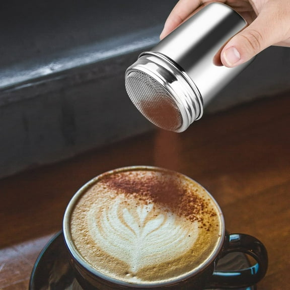 1Pc Powder Sugar Shaker With Lid,Icing Sugar Powder Cocoa Flour Coffee Sprinkler For Coffee Cappuccino Latte,Stainless Fine Mesh Shaker Powder Can for Baking Soda Cocoa Cornstarch Coffee Flour,Silver