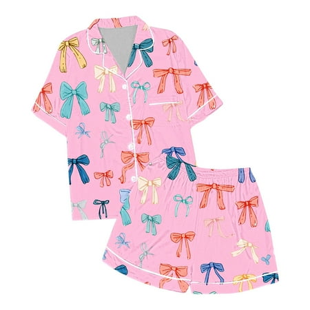 Yuncity Girls Outfit Short Sleeve Crew Neck Graphic Print Pajama Tops With Shorts 2 Pieces Set Summer Lightweight Sleepwear Little Kids Clothes Set Size 10-11 Years Pink