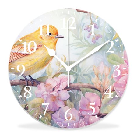 14 Inch Wall Clock Battery Operated Silent Clock Decorative for Office, Kitchen, Outdoor, Living Room,Watercolor Floral Orioles Pattern Iris Cherry Flower Branch Bird Design