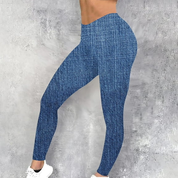 Yoga Pants Women's Fashion Imitation Denim Printed Tight Leggings Yoga Pants Sport Elastic Pants Plus Size Yoga Pants for Women Blue M