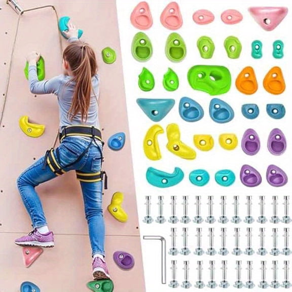 32 colorful climbing holds with mounting hardware. Macaroon-style grips for kids and adults. Suitable for indoor/outdoor play, trees, and hangboards. Ideal climbing gear.