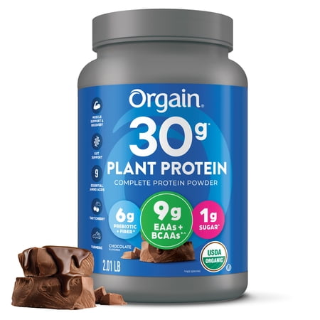 Orgain Organic Vegan 30g High Protein Powder, Plant Based Shake Drink, Prebiotic Fiber, Chocolate, 2.01lb