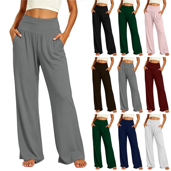Bloomae Women's Wide Leg Palazzo Lounge Pants with Pockets Light Weight Elastic High Waist Comfy Yoga Pants Loose Casual Flowy Pajama Pants
