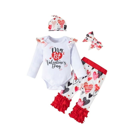 

Nokpsedcb 4Pcs Valentine s Day Kids Baby Girls Romper Set Long Sleeve Romper Ruffle Printed Pants with Hairband Hat Red Heart 3-6 Months