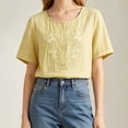 thumbnail image 4 of QUNYINEY Cotton Linen Casual Tops for Women Summer Short Sleeve Yellow T Shirts Crew Neck Embroidered Pullover Loose Fit Button Tops, 4 of 8