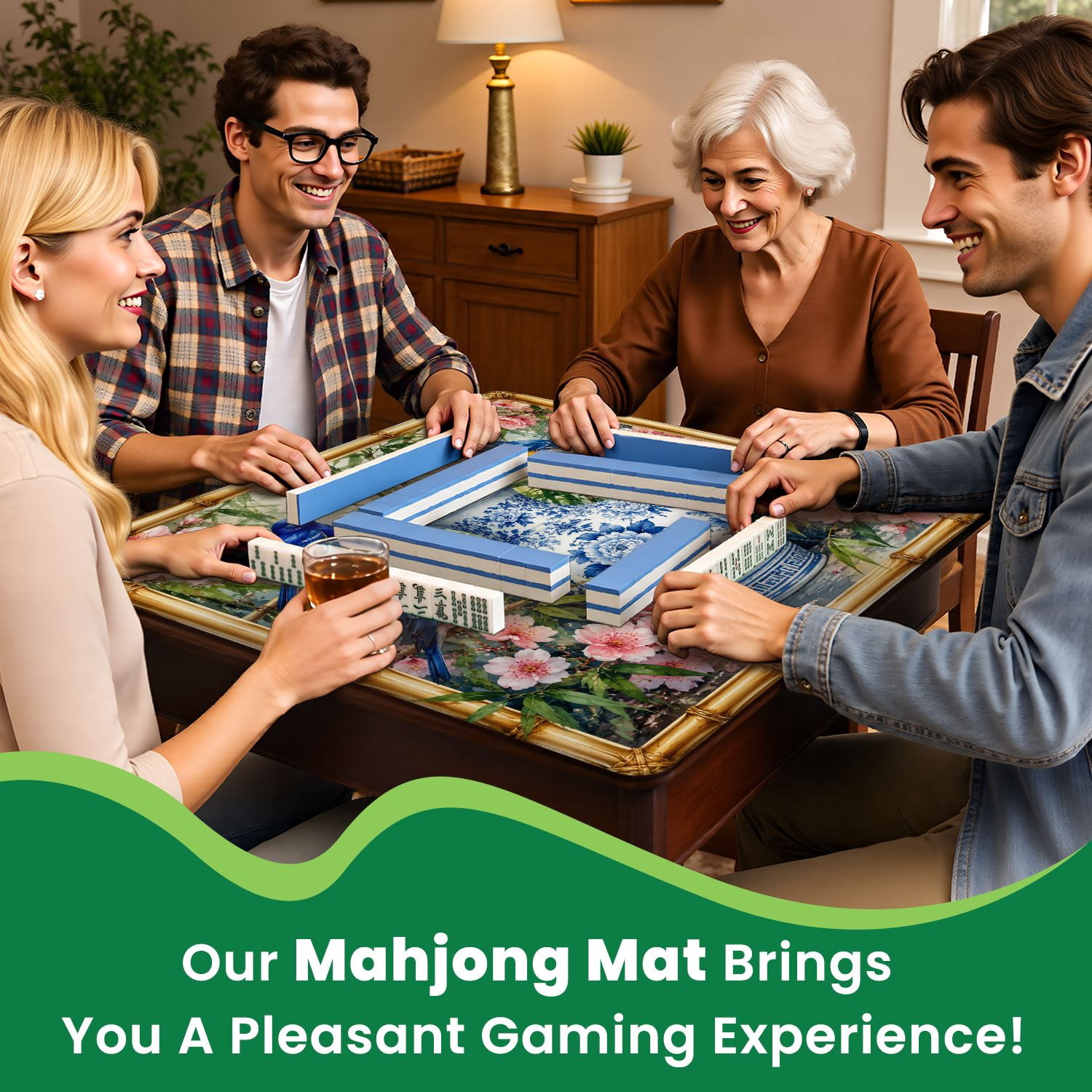 Mahjong Mat 31.5" x 31.5" Blue Red Birds Floral Vase Bamboo Botanical Art Style Non-Slip Noise Reduction Mahjong Tiles Table Cover for Dominoes Poker Card Board and Tile Games
