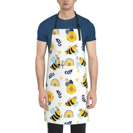 

Lukts Bees And Rainbows Pattern Kitchen Cooking Aprons Adjustable Bib Soft Chef Apron with 2 Pockets for Men Women