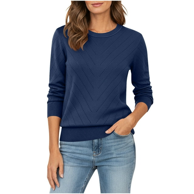 BLVB Long Sleeve Shirts for Women Fall Fashion Crewneck Pullover Sweaters Lightweight Pointelle Sweater Tops