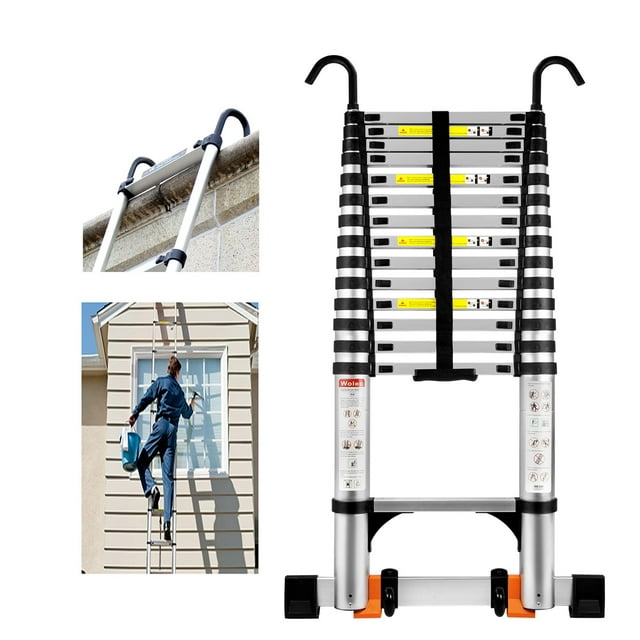 Wolec Telescoping Ladder, 14.5FT Aluminum Portable Extension Ladder w/Hooks, Stabilizers& Wheels, Heavy Duty 330lbs Max Capacity, Collapsible Telescopic Ladder for Rv, Roof, Attic, Outdoor -Silver