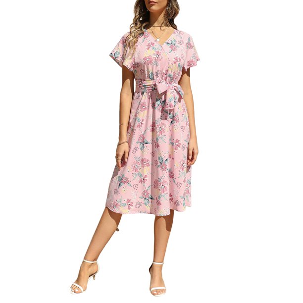VISgogo Vestido casual de verano para mujer, estampado floral, cuello en V, manga corta, cinturón, una pieza para damas, blanco/rosa/azul claro/negro VISgogo moda