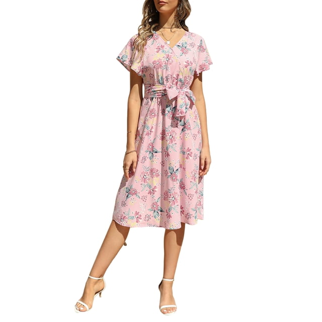 VISgogo Vestido casual de verano para mujer, estampado floral, cuello en V, manga corta, cinturón, una pieza para damas, blanco/rosa/azul claro/negro VISgogo moda