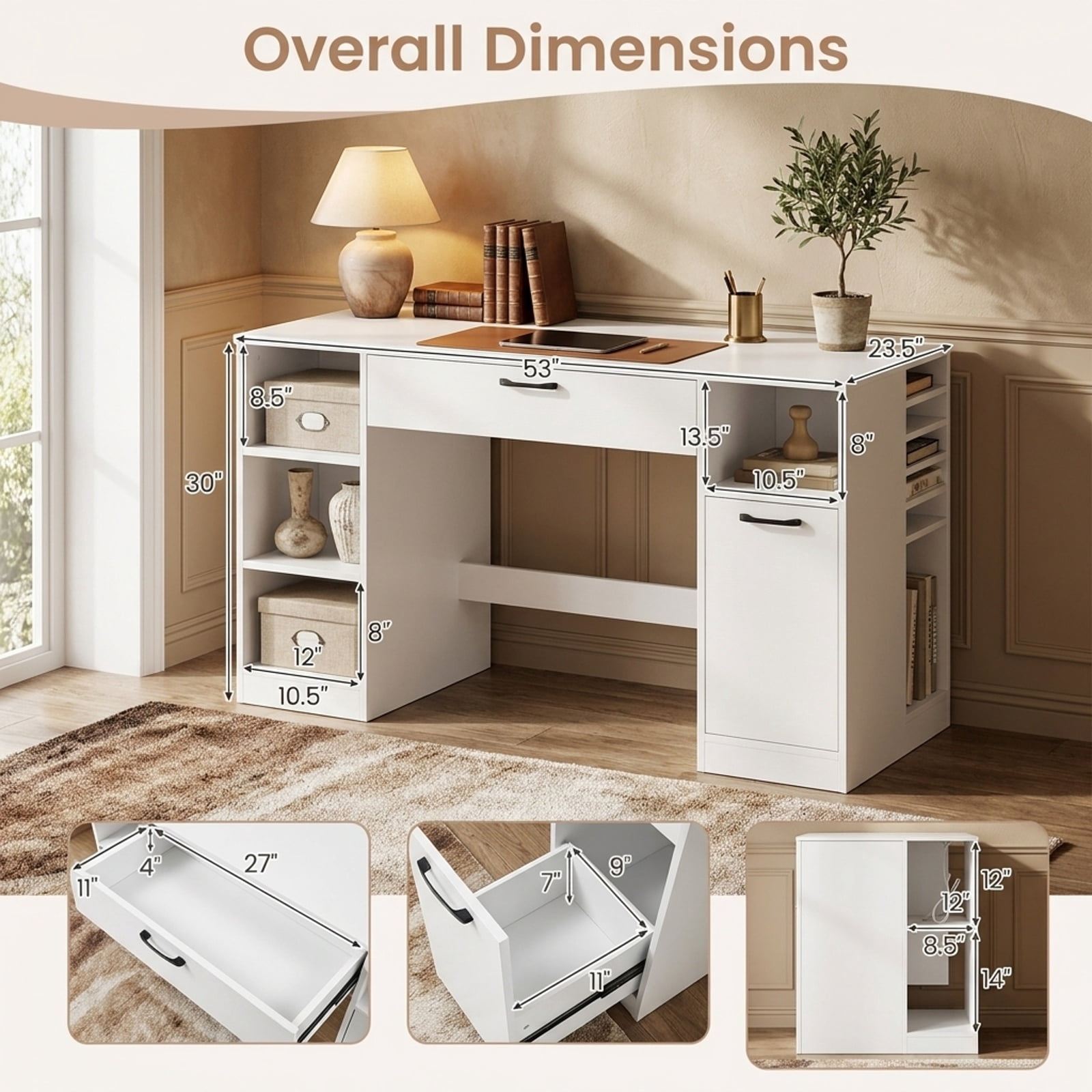 Furnibear Sewing Table Craft Station Desk with Power Outlets 2 Drawers and Open Compartments for Home Office Crafting Work, White