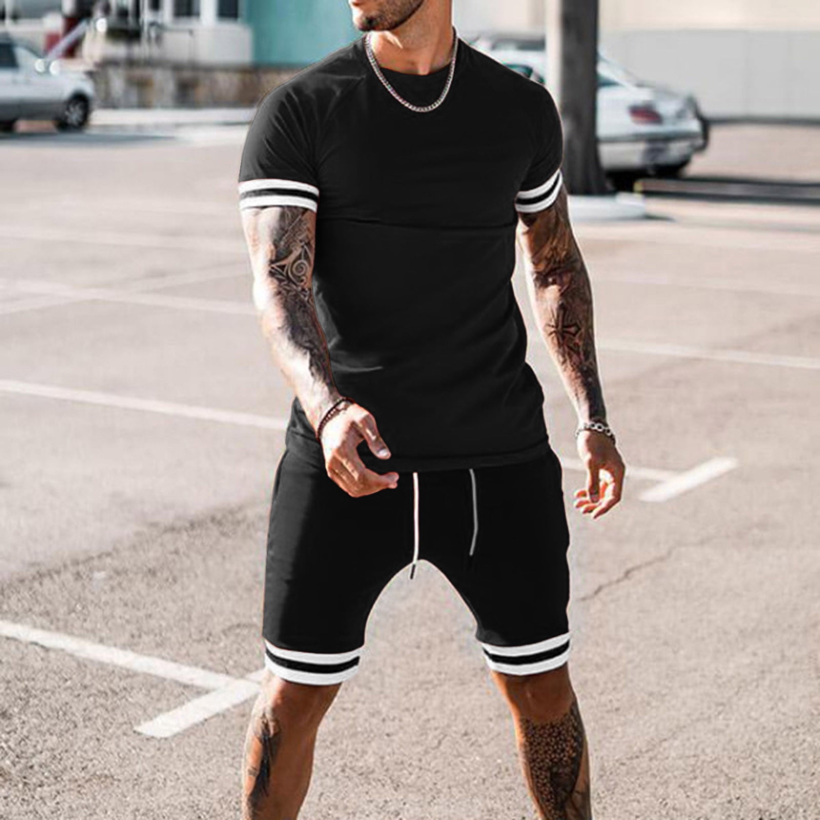 YANHOO Men 2 Piece Outfits Summer Casual Crew Neck Muscle Short Sleeve  Shirt and Classic Fit Sport Shorts Set Tracksuit