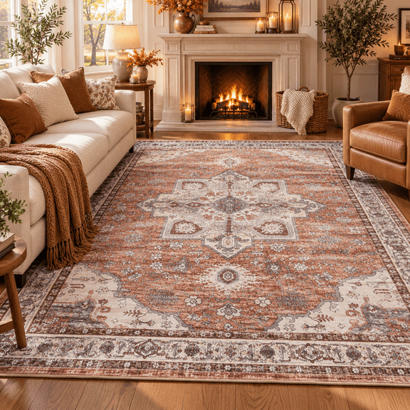 Wondiair 5x7 Washable Vintage Area Rug, Soft Low-Pile Non-Slip Persian Style Rug, Terracotta Brown