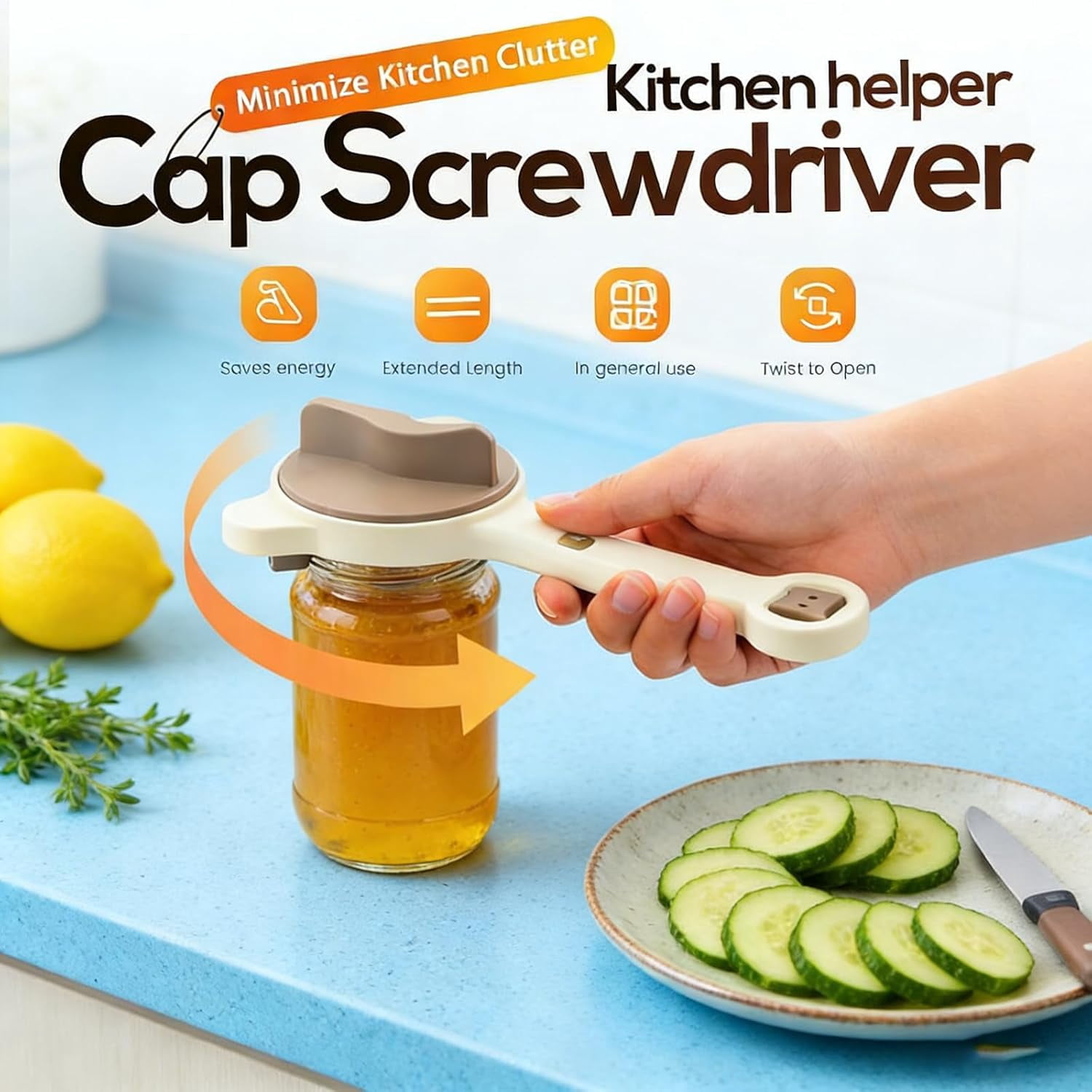 4 in 1 Multi-Purpose Jar Opener, Adjustable Three Claw Non-Slip Bottle Opener for Jars Cans Wine Bottles, Home Kitchen Helper for Seniors