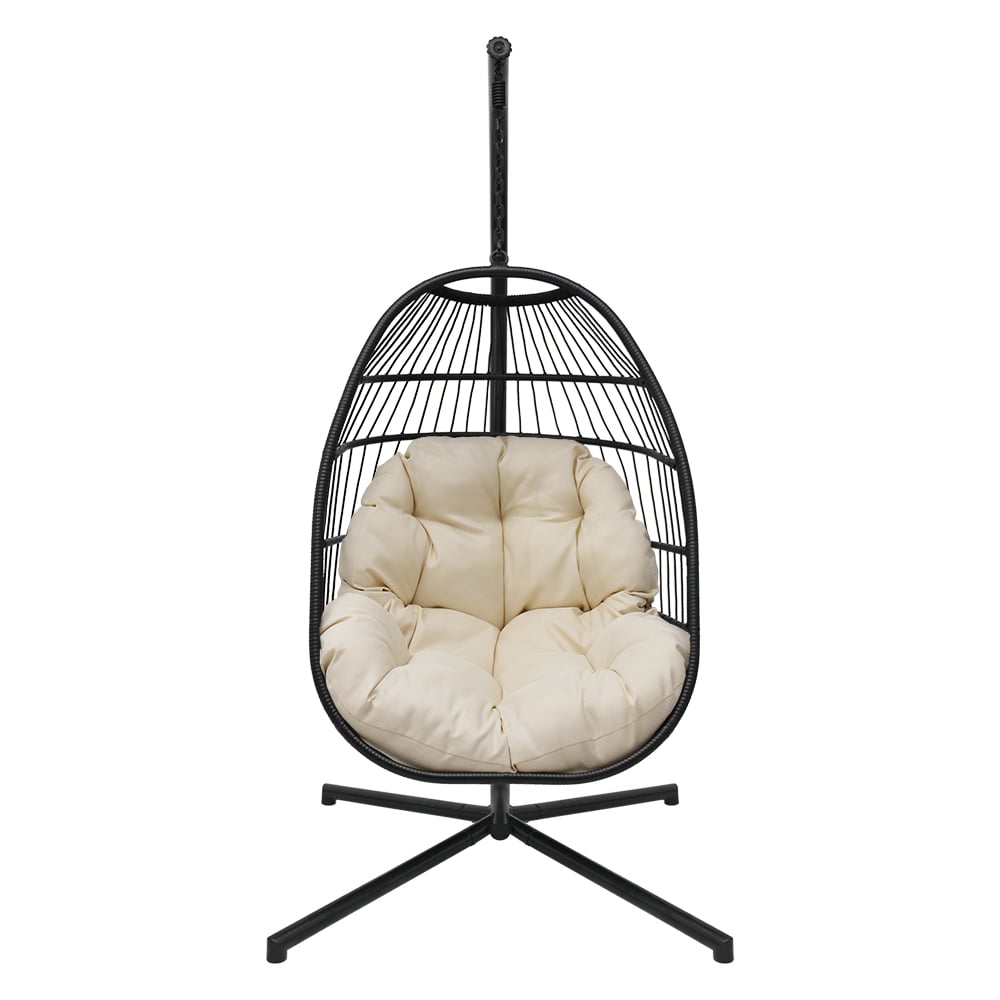 Abble Indoor Outdoor Wicker Hanging Egg Chair with Stand, Foldable Swing Chair with Cushion, Beige