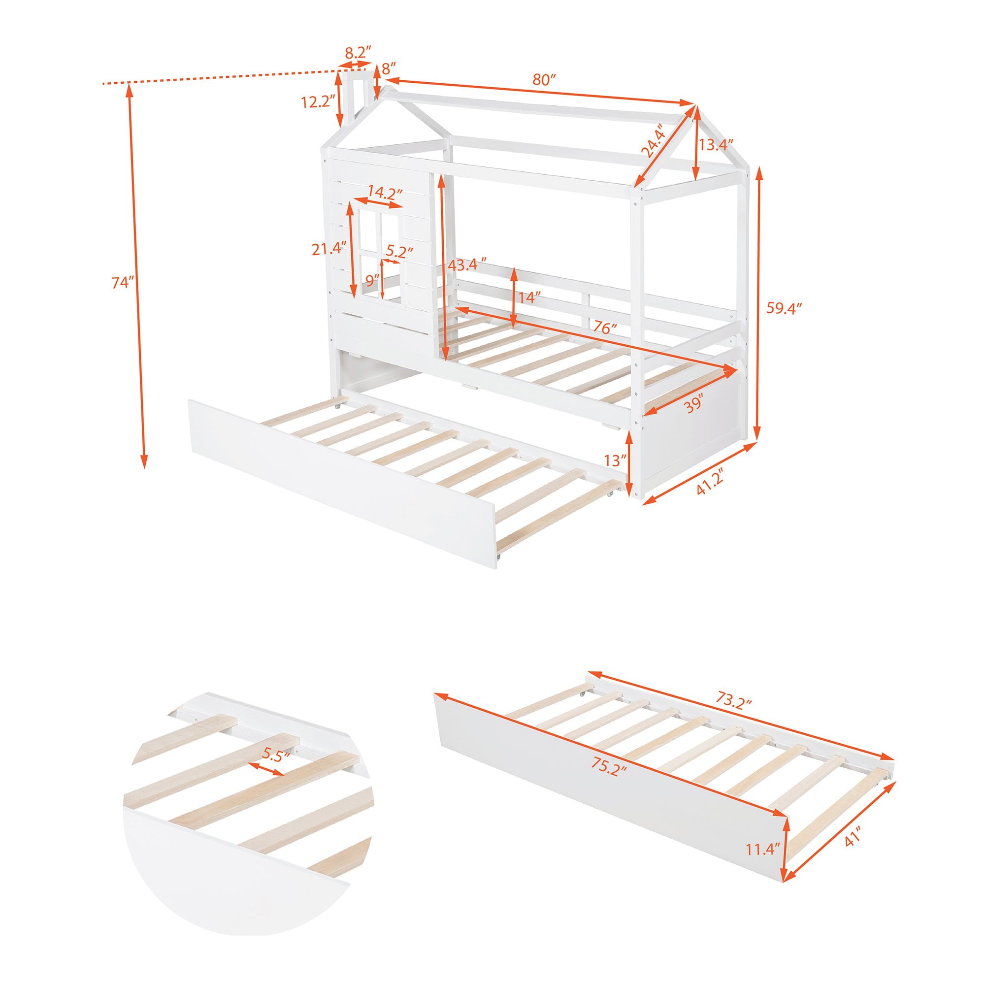 Harper & Bright Designs Twin House Bed with Trundle and Tent, House Twin Bed Frame with Roof and Windows, White