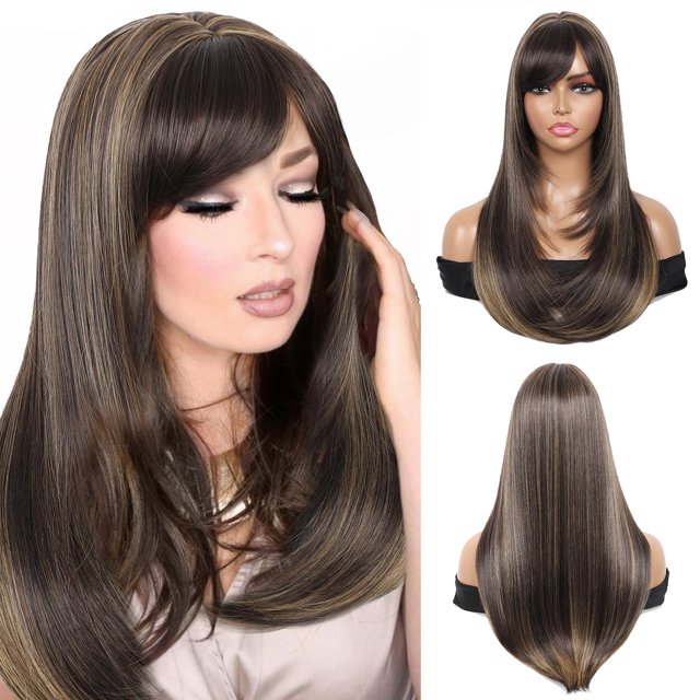 Kalyss Marrón con reflejos Yaki Peluca sintética para mujer con flequillo de pelo Separación central Peluca de pelo mezclado de cabello humano resistente al calor en capas largas y rectas para mujer (