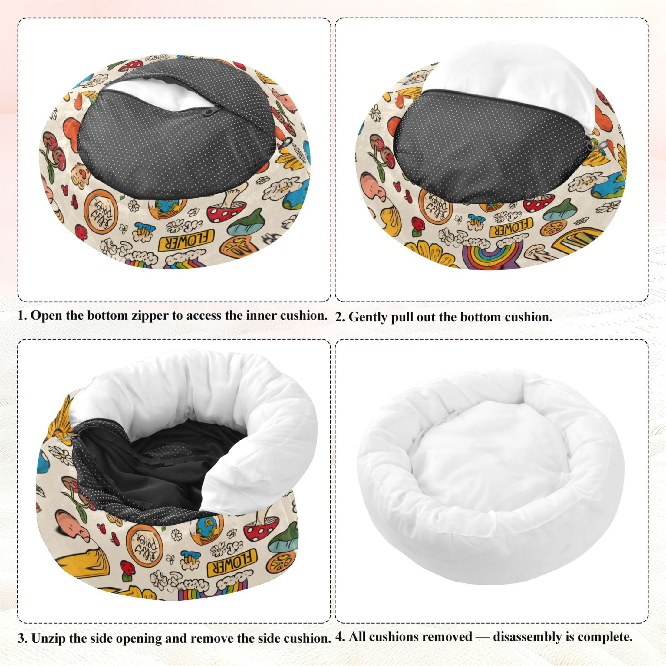 Iauyy Pet Couch Donut Cat Bed for Indoor Cats/Small Dogs Washable & Machine with Non-slip Bottom Calming Cat Furniture, Retro Hippie Logo (XS)